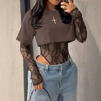 Combinaison en dentelle pour femme, effet deux pièces, manches longues, col rond, style streetwear, automne, vente en gros, personnalisation OEM