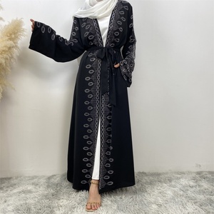 1424#B <b>Ladies</b> Latest Design Nida Material <b>With</b> <b>Pockets</b> Shiny Hot Drilling Versatile <b>Black</b> Color Open Abaya Diamond <b>Cardigan</b> - Product Image 6