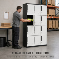 Armoire de rangement en métal blanc avec garniture noire, 12 portes, en acier, pour salles du personnel, écoles et ateliers