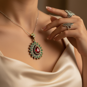 ทับทิม CZ Pear Drop การออกแบบออตโตมันจี้เงินแท้ขายส่ง 925 เงินสเตอร์ลิงเครื่องประดับแฟชั่นตุรกี - Product Image 3