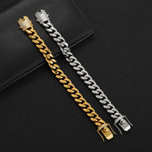 Bracciale cubano rotondo in acciaio inossidabile fresato, con chiusura a moschettone e zirconi, bracciale a catena hip-hop placcato elettroliticamente a colori inalterabili - Product Image 1