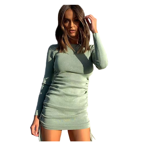 Robe Courte Sexy Unie à Taille Empire et Froncée pour Femme, 100% Coton, Manches Longues, Col Rond, pour Soirée et Club, Teinte Unie, Printemps-Automne-Été - Product Image 1