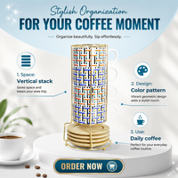 Ensemble de tasses à café en céramique à motifs géométriques modernes avec soucoupe en bambou et support en métal doré, design empilable pour la maison, le bureau et la cuisine