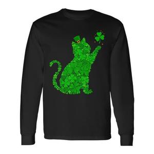 T-Shirt a Maniche Lunghe con Grafica Gatto e Trifoglio per San Patrizio, Unisex per Adulti, Stampa Digitale Promozionale - Product Image 1