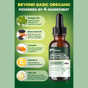 4-in-1 Bio-Oreganoöl-Flüssigkeitstropfen mit Schwarzkümmelöl, Kurkumaöl & Vitamin E für Immunsystem, Atemwege und Verdauung - Product Image 2