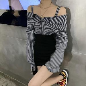 Off Shoulder Striped Shirt High Waist Bodycon <b>Skirt</b> Women's 2025 New Style <b>Patchwork</b> Long Sleeve Dress - Product Image 3