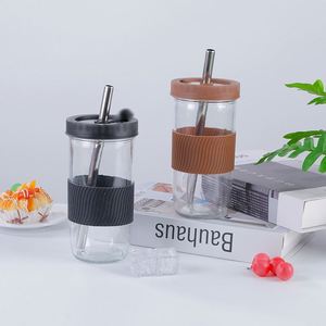 Gobelet en paille au design moderne avec manchon en silicone, style bocal Mason, gobelet perlé pour smoothies, jus, café - Logo personnalisable - Product Image 3