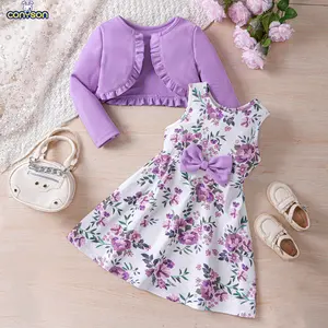 Conyson 2024 Toddler Baby Girl baby sets clothes Plain Color Ribbed Overcoat+Floral Sleeveless Dress Fashion Party Dress set