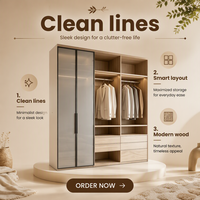 Dressing sur mesure de style japonais en bois clair avec armoire intégrée, porte en verre fumé, éclairage LED et rangements sur mesure pour chambre à coucher