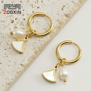Zogxin Gold Hoop Earrings With Pearl And Shell Charm Geometric Design For Women Party Fashion Jewelry - Product Image 1