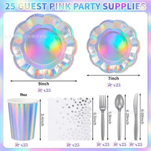 Disposable Party Supplies Kit 175 Pieces For 25 People Holographic <b>Plates</b> Cups Napkins Cutlery Set Party Use - Product Image 2