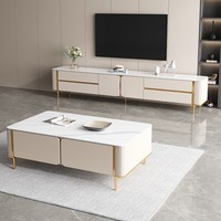 Ensemble complet de meubles de salon : Table basse et meuble TV modernes, simples et peints, en panneaux de bois, style luxe léger