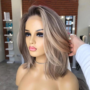 Pelucas Cortas Tipo Bob con Reflejos Rubios <span class=keywords><strong>Ceniza</strong></span>, Cabello Humano 100% Virgen con Cutícula Alineada, Pelucas con Frente de Encaje para <span class=keywords><strong>Mujer</strong></span> - Product Image 1