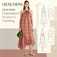 Gaun Maxi Boho Wanita Motif Paisley Oranye Custom OEM ODM dengan Detail Rantai di Leher dan Ujung Asimetris Model Handkerchief untuk Musim Panas