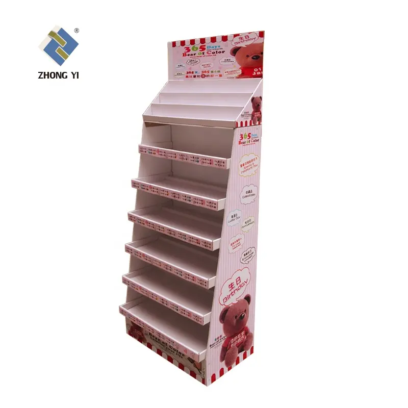 Menawarkan Layanan Sampel Karton Bergelombang Lantai Tampilan Berdiri, Karton Tampilan Rak Karton Karton untuk Mainan Beruang Makanan Ringan