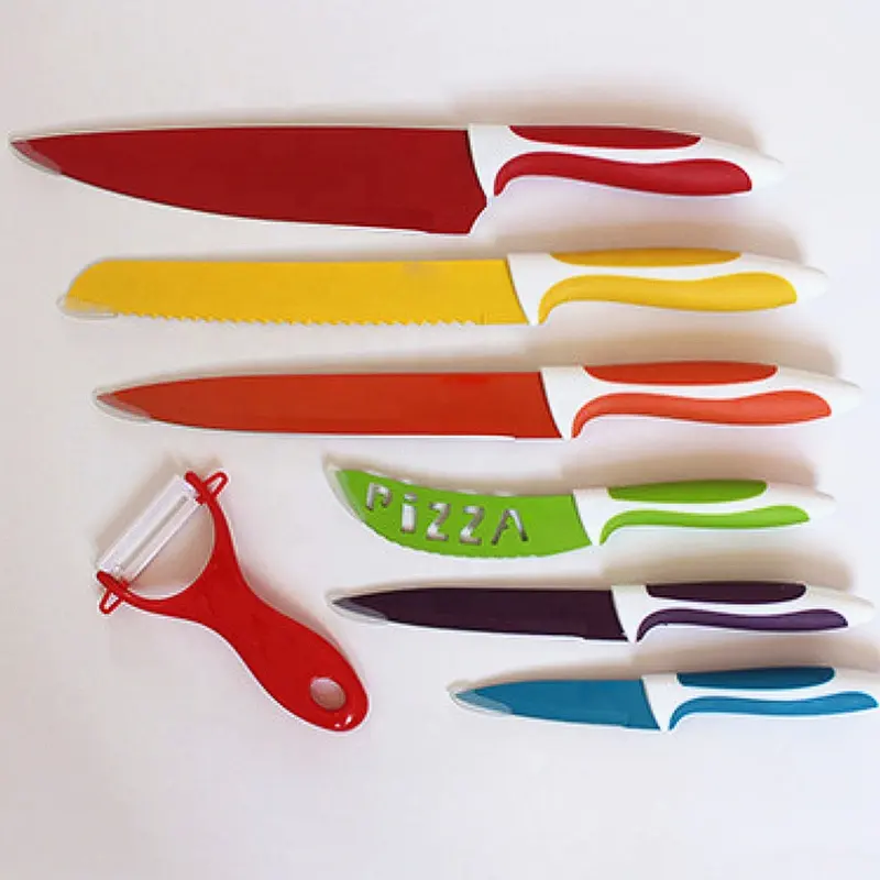 Set pisau baja tahan karat berwarna 7 buah pisau utilitas koki dapur Paring dan koki-kotak hadiah elegan