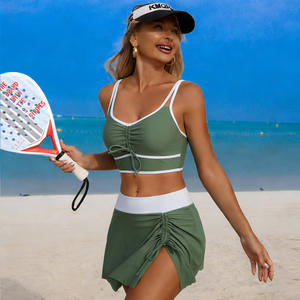 Traje de baño de dos piezas para mujer, conjunto de bikini con cordón y top corto de color sólido para playa, deportes acuáticos, fitness, traje de baño moderno - Product Image 2