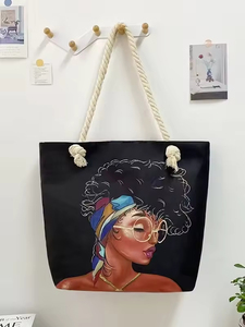 Bolso de compras de lona estampado de gran capacidad para mujer, diseño creativo de playa, bandolera, plegable, con asa de cuerda gruesa - Product Image 2