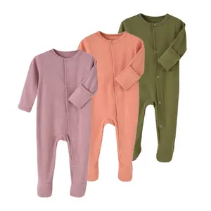 custom Spring Autumn plain color 100% cotton baby footed snap button baby sleep wear