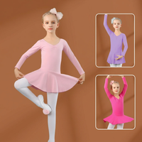 Justaucorps de ballet rose à manches longues pour filles BD4002 avec jupe et nœud découpé au dos, robe de danse une pièce pour enfants pour l'entraînement et la performance
