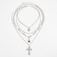 Ensemble de 4 colliers pendentifs gothiques Y2K, imitation perle, croix, cœur, crâne, chaîne de clavicule quotidienne pour femmes