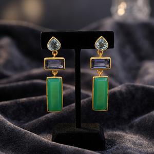 Boucles d'oreilles clous en argent sterling 925 plaqué or avec topaze bleue, améthyste et chrysoprase, taille baguette, forme cœur, cadeau de fête - Product Image 3