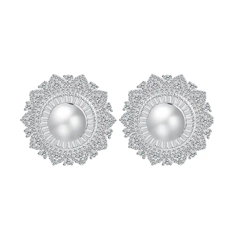 Fine Vintage 925 Sterling Silver Full 5A Cubic Zirconia Big White Fresh Water Pearl Stud Earrings Women Luxury
