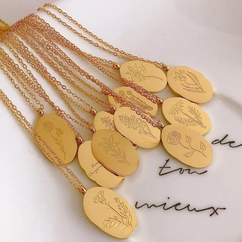 Gold Filled Floral Birth Month necklace Zodiac pendants double side engraved Waterproof Oval Birth Flower Necklace women jewelry