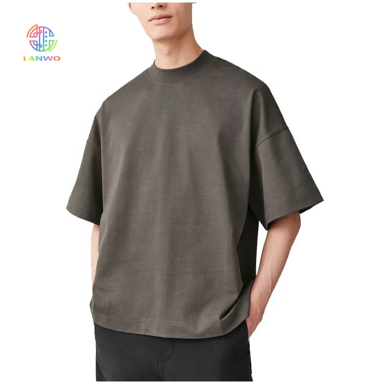 Lanwo Thick Collar T Shirt For Men Custom Printing Logo Heavy Weight 200g 95 Cotton 5 Spandex Over Sized Drop Shoulder T Shirts