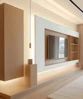 Mueble de TV de Pared Estilo Crema Personalizado, Forma Geométrica, Tira de Luz LED, Estante Flotante, Mueble de TV Largo para Proyecto de Apartamento