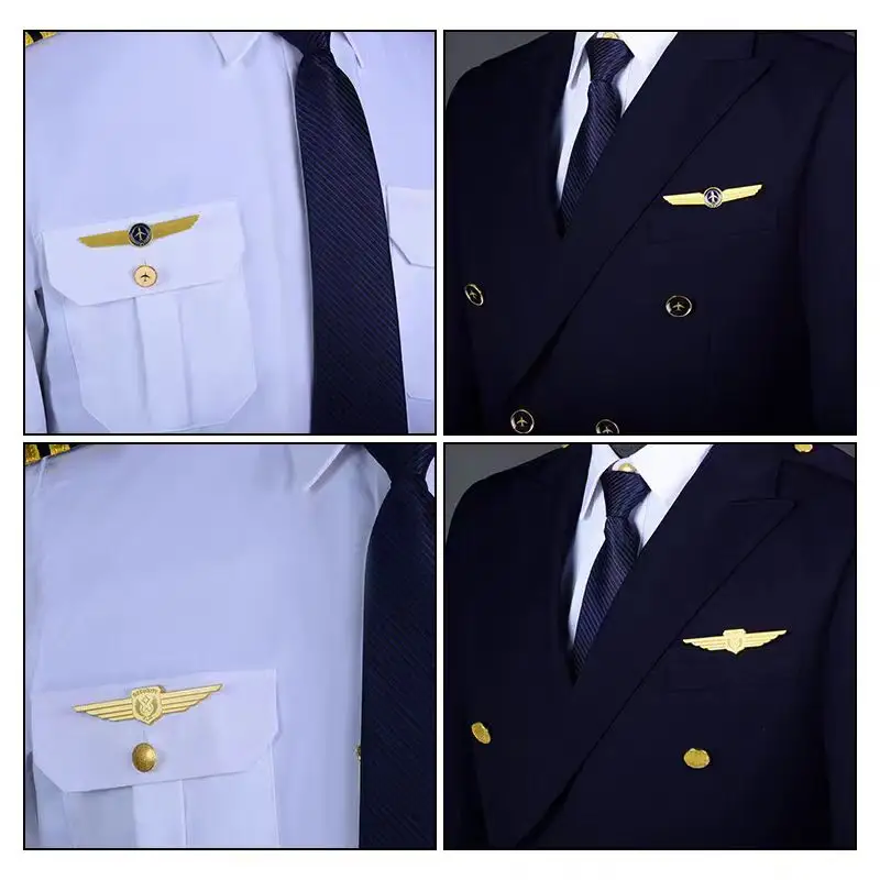 Wing shape air service uniform pin badge wholesale golden aircraft commander metal pin with clutch airplane captain emblem pin