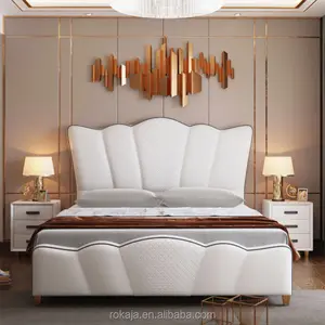 Zarif yüksek karyola yatak beyaz deri ev yatak odası takımı altın bacak çift kişilik yatak yatak toptan