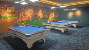 Table de <span class=keywords><strong>billard</strong></span> américaine de luxe moderne avec éclairage LED, poches en cuir véritable, ardoise en trois parties de 25 mm, personnalisable - Product Image 2