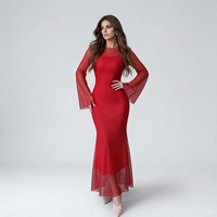 Robe longue sirène rouge unie en maille pour femme, 2 pièces, col rond, manches longues évasées, respirante, longueur cheville