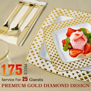 175 pièces ensembles de vaisselle carrés pâtés avec couverts vaisselle jetable en plastique robuste avec bordure en dentelle dorée pour la fête de mariage - Product Image 2