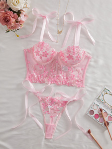 <b>Sexy</b> Mesh Flower Embroidered Bow Strap Bra Women Erotic Underwire Push up Lingerie <b>Set</b> - Product Image 5