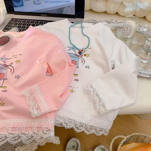 T-shirt Primaverile 2025 per Bambine in Stile Coreano <span class=keywords><strong>con</strong></span> Stampa, Orlo in Pizzo e Motivo Cartoon, in Puro Cotone - Product Image 4