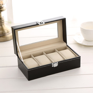 Nützliche Schmuck uhr Aufbewahrung sbox 4 Gitter Fall mit großem Glas deckel Abnehmbares Kissen Kunstleder Geschenk für Männer Frauen - Product Image 1