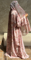 Abaya ouverte personnalisée Hafizah OEM à imprimé floral rose, robe musulmane pour femmes, en mousseline transparente à manches larges, style Dubaï, robe islamique modeste pour l'Aïd