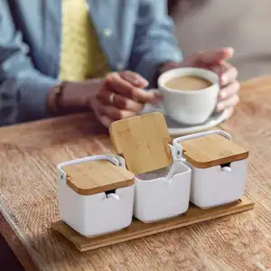 Square Coffee Tea Sugar Ceramic Tea Canisters 3 Pcs/ Set Ceramic Canisters With Natural Bamboo Lid And Stand