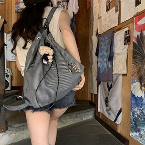 Women's Casual <b>Backpack</b> Striped Canvas <b>Drawstring</b> Shoulder Bag Lightweight Large Capacity Everyday Use Summer 2024 - Product Image 4