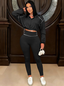 Ensemble de sport décontracté pour femmes, printemps et automne, couleur unie, manches longues, fermeture éclair, vêtements pour femmes, ensemble deux pièces amincissant - Product Image 2