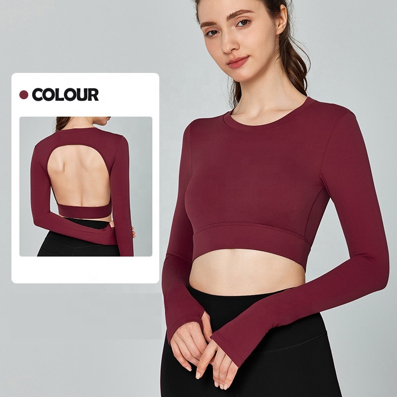 Womens Compression Tee Sexy Open Back Workout Gym Shirts Fitness Pilates Yoga Sport Plain Long Sleeve Crop Tops