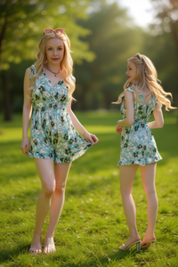 LKD145 Tuta Intera da Donna in Chiffon con Stampa Floreale, Senza Maniche, Scollo a V, Vita Alta, Vestibilità Ampia, Sopra il Ginocchio, Casual, per Primavera Estate - Product Image 2