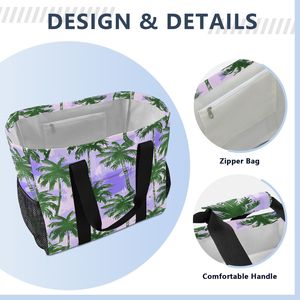 Low Moq Black Handles Canvas Fabric Grocery Shopping Bag <b>Large</b> Tropical Palm Tree <b>Print</b> Beach Tote Bag With Mesh Side Pockets - Product Image 2