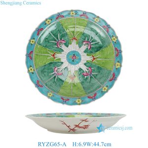 RYZG65-A <span class=keywords><strong>Assiette</strong></span> de service décorative en porcelaine à motif Famille Rose, chou bok choy et papillon, grande taille, vente en gros - Product Image 2