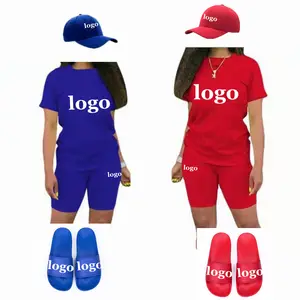 Custom logo wholesale small MOQ summer clothing T-shirts and shorts 2 pieces of leisure women two pieces suits solid multicolor