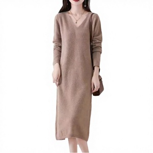 Robe midi élégante en tricot à col en V, manches longues, couleur unie, décontractée, longueur complète, respirante, pour l'été/le printemps, ensemble de robes pour femmes - Product Image 3