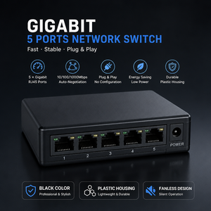 Commutateur Ethernet Gigabit 5 ports 1000 Mbps RJ45, commutateur réseau, boîtier en plastique noir et blanc avec adaptateur - Product Image 3