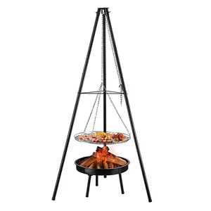 Tripé de fogo ajustável com altura, altura de aço, grelhas de churrasco, portátil, carvão vegetal, grelha com grelha